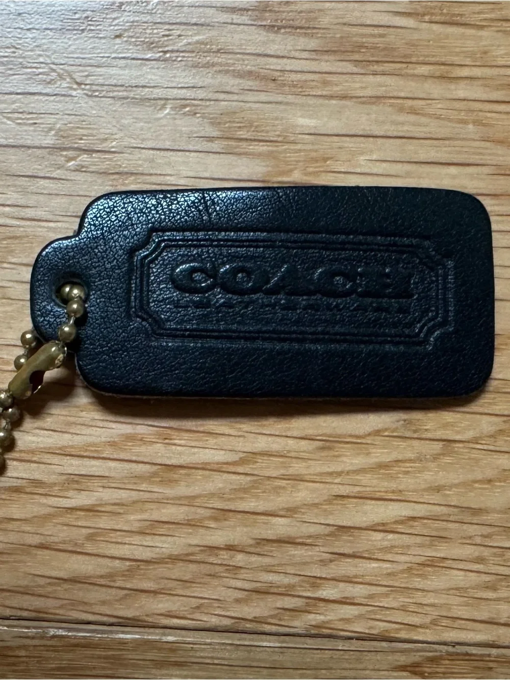 Vintage Coach Black Leather One-Sided Hang Tag with Brass Chain, Pre-1994
